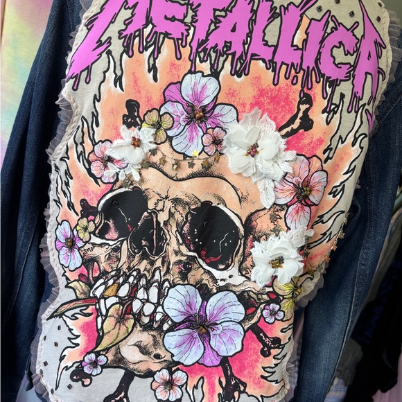 Customized Metallica Rockstar Blue Denim Jean Jacket with Skull Floral Design XL - Picture 4 of 14